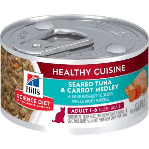 Cuisine santé, nourriture pour chats adultes, mélange de thon grillé et de carottes Packshot